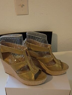 Metallic Gold Wedge Sandals with Front Zip